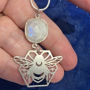 Rainbow moonstone bee Necklace, bumblebee talisman, silver moonstone queen bee